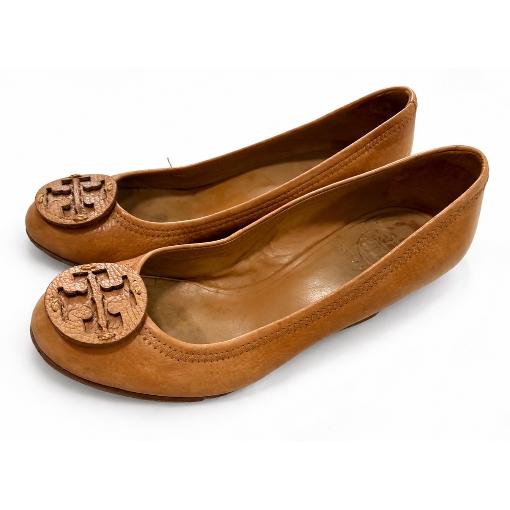 Tory Burch Sally Wedge Pump Women Size 7 Tan Good Leather Logo Medallion Heel